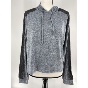 Women Blue Heathered Knit Lace Trim Sleeve Hoodie Cropped Pullover Sweatshirt